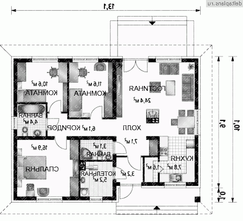 Одноэтажный дом 10 на 13 № A-154-1P - 1-й этаж