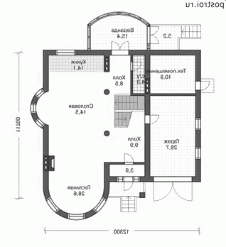 Дом с полукруглым эркером  12,3 на 11,7 № N-358-1P - 1-й этаж