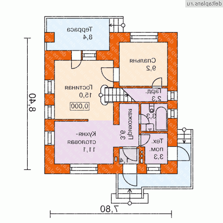 Проект дома 8 на 8 из кирпича № T-096-1K [33-09, W-122, G-1178-0] - 1-й этаж