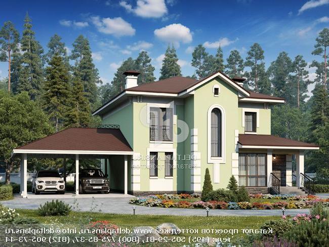 Проект двухэтажного коттеджа с навесом для 2 авто № T-176-1P Проект двухэтажного коттеджа с навесом для 2 авто № T-176-1P