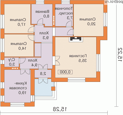 Проект одноэтажного кирпичного дома № W-145-1K [34-68] - 1-й этаж