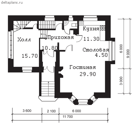 Проект двухэтажного дома с цоколем № A-168-1K - 1-й этаж