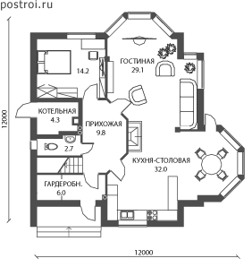 Готовый проект двухэтажного дома 12 на 12 № A-190-1P - 1-й этаж