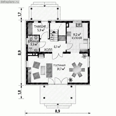 Проект квадратного дома с мансардой № A-194-1K - 1-й этаж