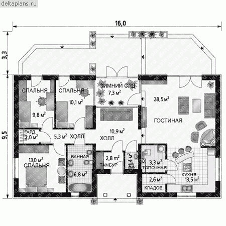 Одноэтажный дом с удобной планировкой № A-195-1P - 1-й этаж