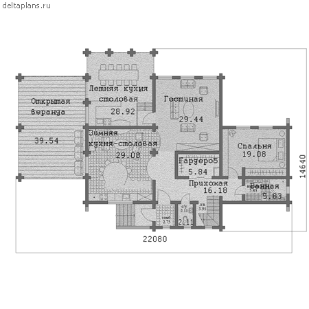 Двухэтажный коттедж из бревна № A-275-1D - 1-й этаж