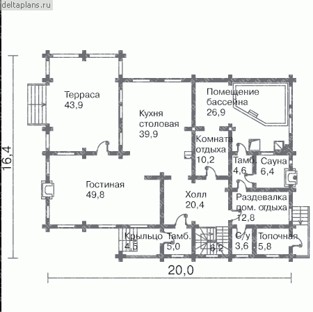 Частный дом с мансардой из оцилиндрованного бревна № A-294-1D - 1-й этаж