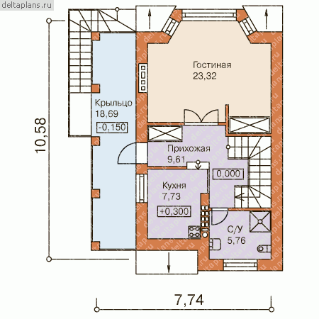 Проект пенобетонного узкого дома № B-183-1P - 1-й этаж