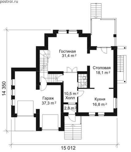 3 этажный дом из кирпича 14 на 15 № B-305-1K [32-17] - 1-й этаж