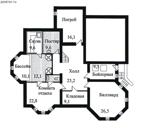 Дом с камином и бассейном № B-684-1K [34-27] - цоколь