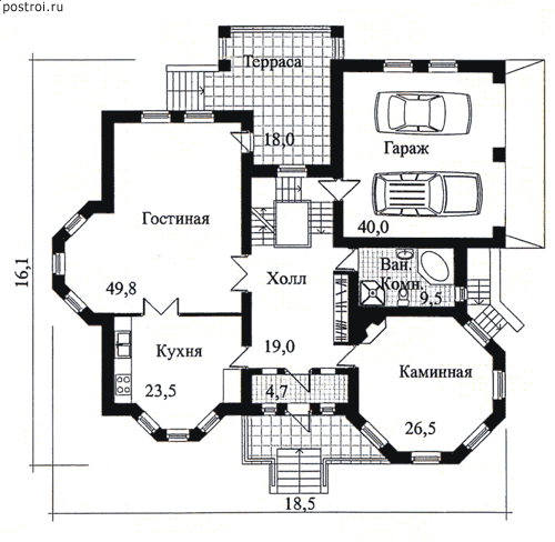 Дом с камином и бассейном № B-684-1K [34-27] - 1-й этаж