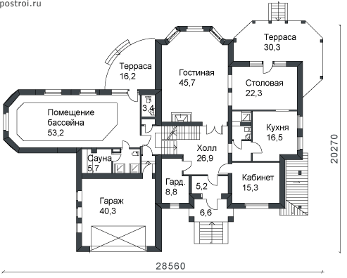 Проект дома с двумя гаражами № B-781-1K - 1-й этаж