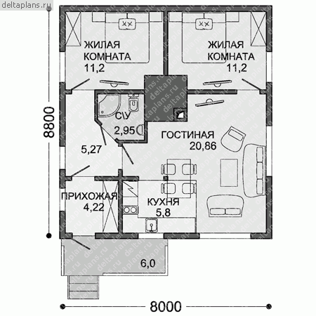 Каркасный одноэтажный дом, проект № C-061-1S - 1-й этаж