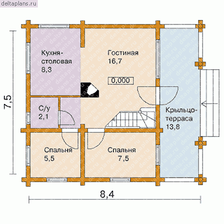Деревянный дом с камином  № C-094-1D - 1-й этаж