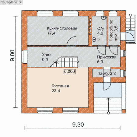 Проект дома из пенобетона с 3 спальнями № C-116-1P [51-03, E-1115-0] - 1-й этаж