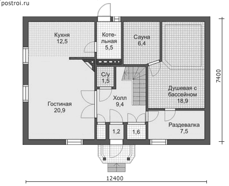Одноэтажный газобетонный коттедж с мансардой № C-142-1P - 1-й этаж