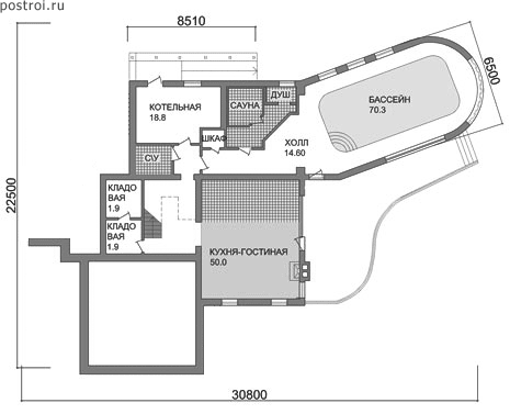 Кирпичный дом-коттедж с бассейном № C-401-1K - 1-й этаж
