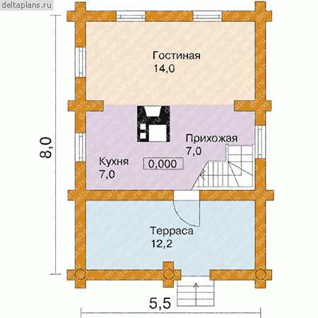 Дом из бревна в 2 этажа № D-064-1D - 1-й этаж