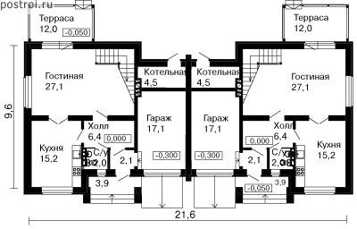 Проект 2-х квартирного дома № D-229-1P - 1-й этаж