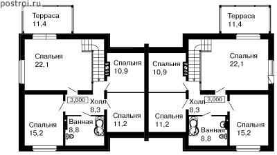 Проект 2-х квартирного дома № D-229-1P - 2-й этаж