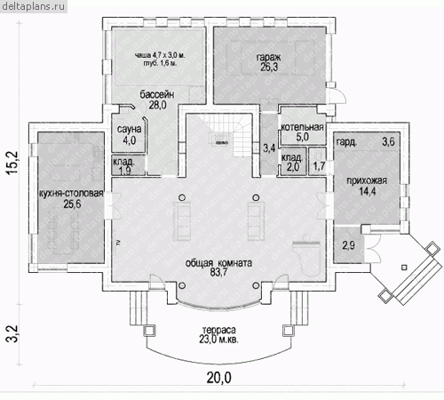 Проект пенобетонного дома № D-283-1P - 1-й этаж