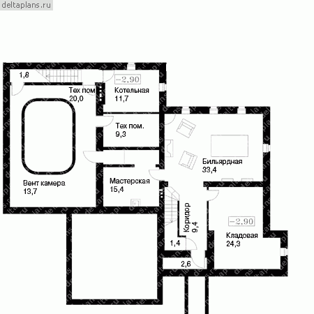 Проект кирпичного коттеджа с бассейном № E-472-1K - цоколь