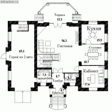 Дом с цоколем, гаражом, проект № E-492-1K - 1-й этаж