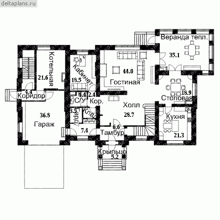 Дом с цокольным этажом и мансардой, проект № E-924-1K - 1-й этаж