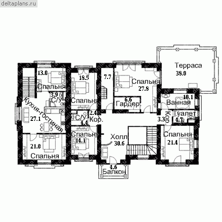 Дом с цокольным этажом и мансардой, проект № E-924-1K - 2-й этаж