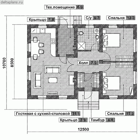 1-этажный дом, проект № F-083-2P - 1-й этаж
