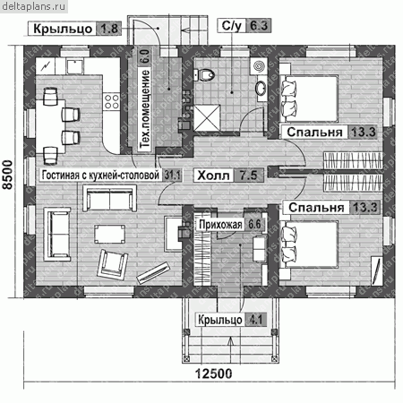 Проект пенобетонного дома № F-086-1P - 1-й этаж