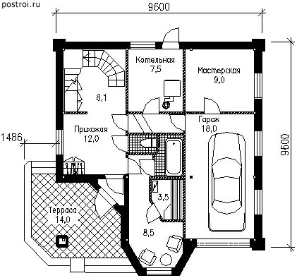 Дом коттедж 3 этажа с зимним садом № F-210-1S - 1-й этаж