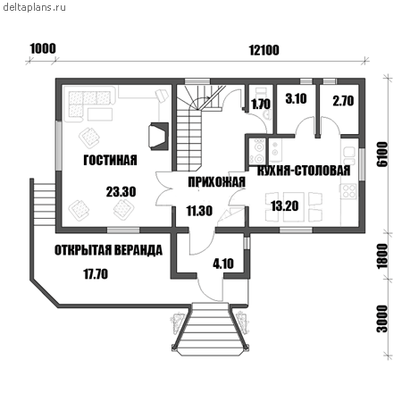 Дом 2 этажа с цоколем проект № F-234-1D - 1-й этаж