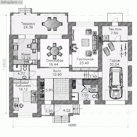 Проект дома с сауной и гаражом № F-347-1P - 1-й этаж