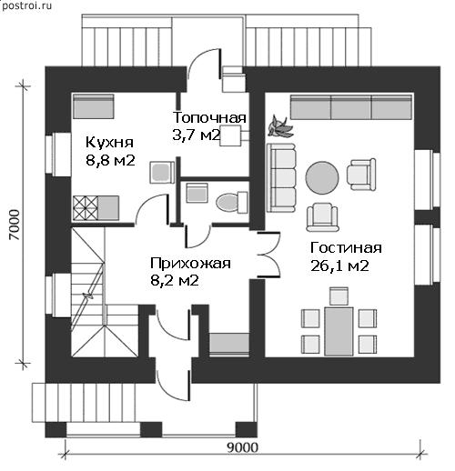 Проект дома с цокольным подвалом 7 на 9 № G-104-1K - 1-й этаж