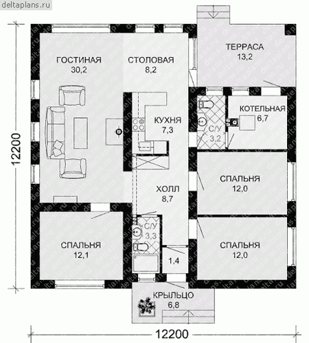 Проект одноэтажного дома 12х12 № G-111-1P - 1-й этаж