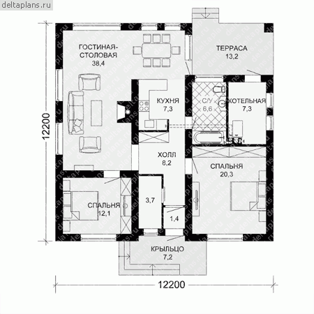 Чертежи: 1 этажный дом № G-111-3P - 1-й этаж