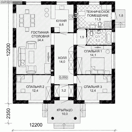 Проект пенобетонного дома № G-121-1P - 1-й этаж