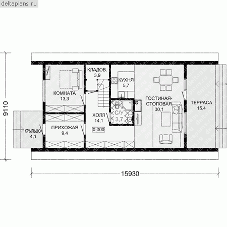 Проект каркасного дома № G-127-1S - 1-й этаж