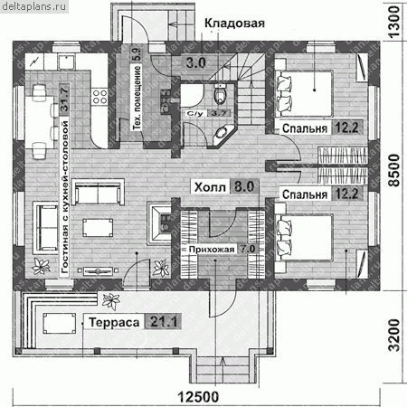 Комбинированный дом из блоков и бруса № G-178-1P - 1-й этаж