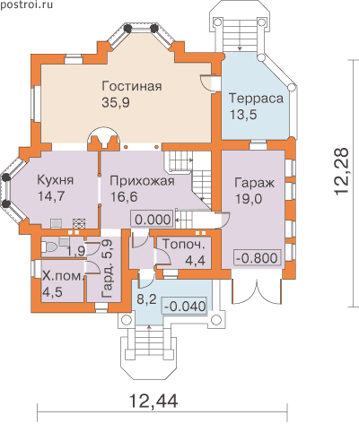 Частный двухэтажный кирпичный дом общей площадью 189 м2 № G-208-1K - 1-й этаж