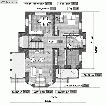 Двухэтажный загородный коттедж проект № G-221-1K - 1-й этаж