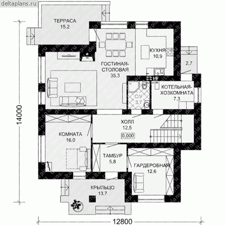 Проект пенобетонного дома № G-221-2P - 1-й этаж