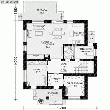 Проект пенобетонного дома № G-233-1P - 1-й этаж