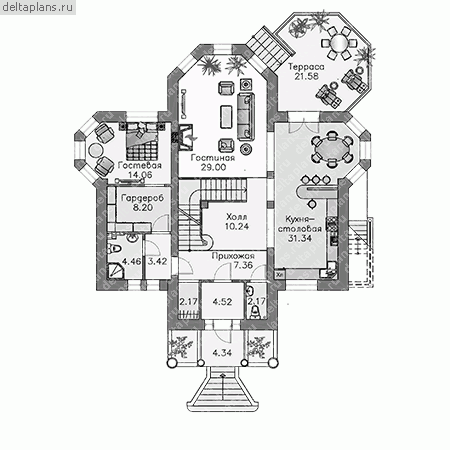 Чертежи: проект особняка с цоколем и мансардой № G-358-1P - 1-й этаж