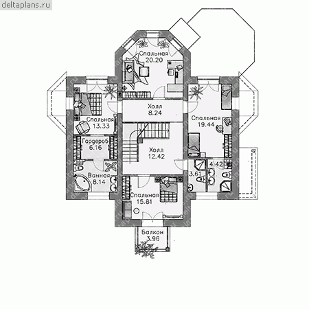 Чертежи: проект особняка с цоколем и мансардой № G-358-1P - 2-й этаж