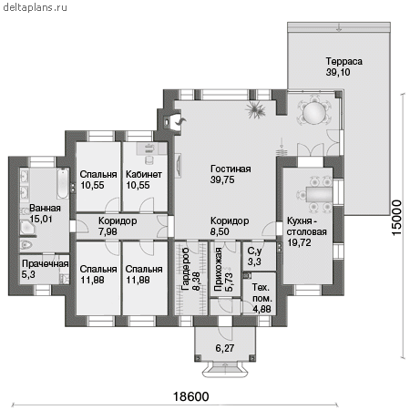 Готовый архитектурный проект одноэтажного дома № H-176-1P - 1-й этаж