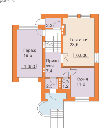 Дом-коттедж с гаражом 10 на 10 № H-181-1K - 1-й этаж
