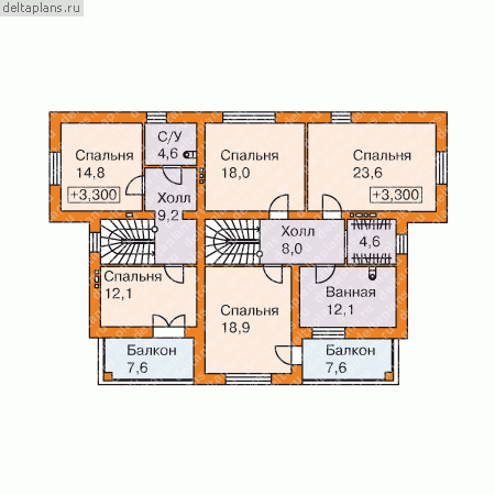 Двухэтажный коттедж на две семьи  № H-278-1K - 2-й этаж