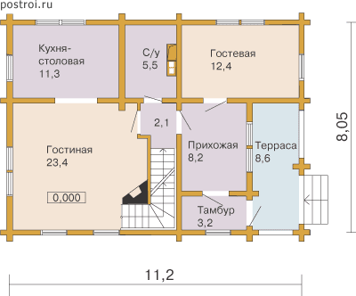 Типовой проект бревенчатого дома с цокольным этажом № I-192-1D - 1-й этаж